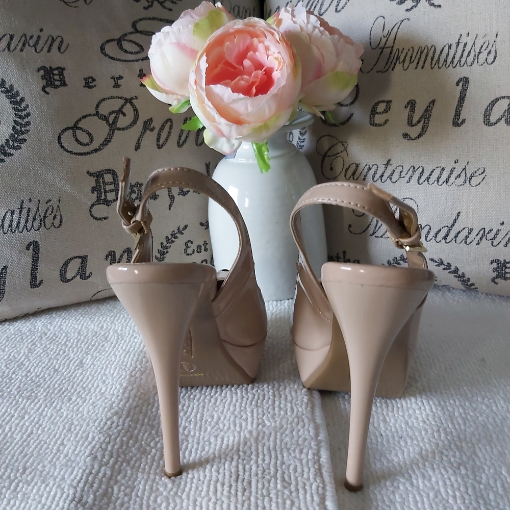Bamboo platform stiletto heels nude glossy pumps peep toe slingback - Picture 6 of 16